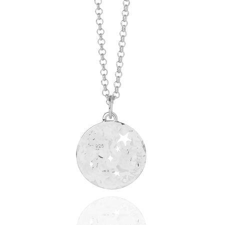 back view of silver hammered cancer constellation charm on silver belcher chain necklace. charm is engraved with '925' and 'cancer'.